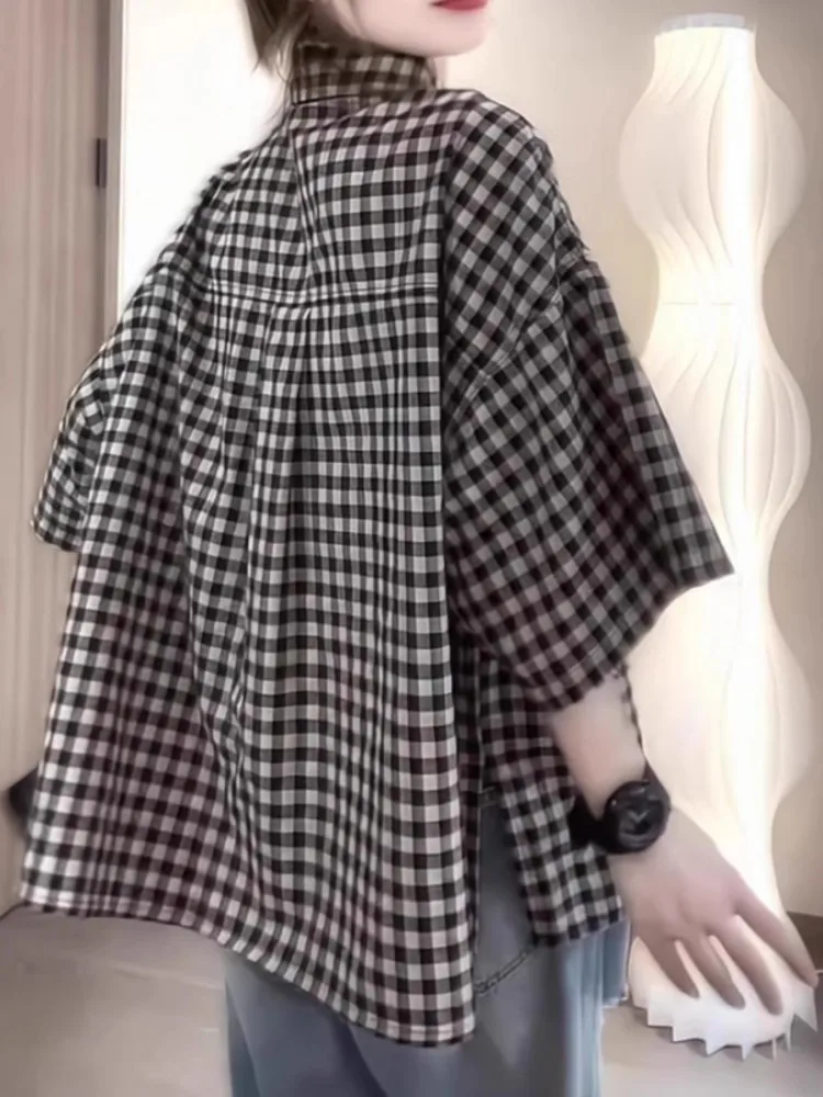 Plaid allentato ort Sve Casual irt Estate da donna New Sle College Wind Versatile per il tempo libero Top francese vintage Faionable