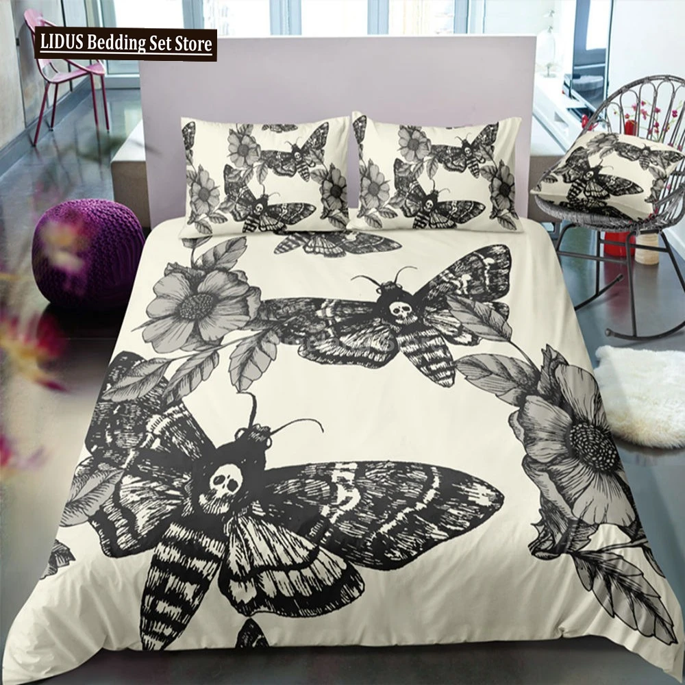 

Gothic Skull Duvet Cover Set, Death Moth And Flowers Comforter Cover King Personalized Skeleton Bones Bedding Sets Black Cream