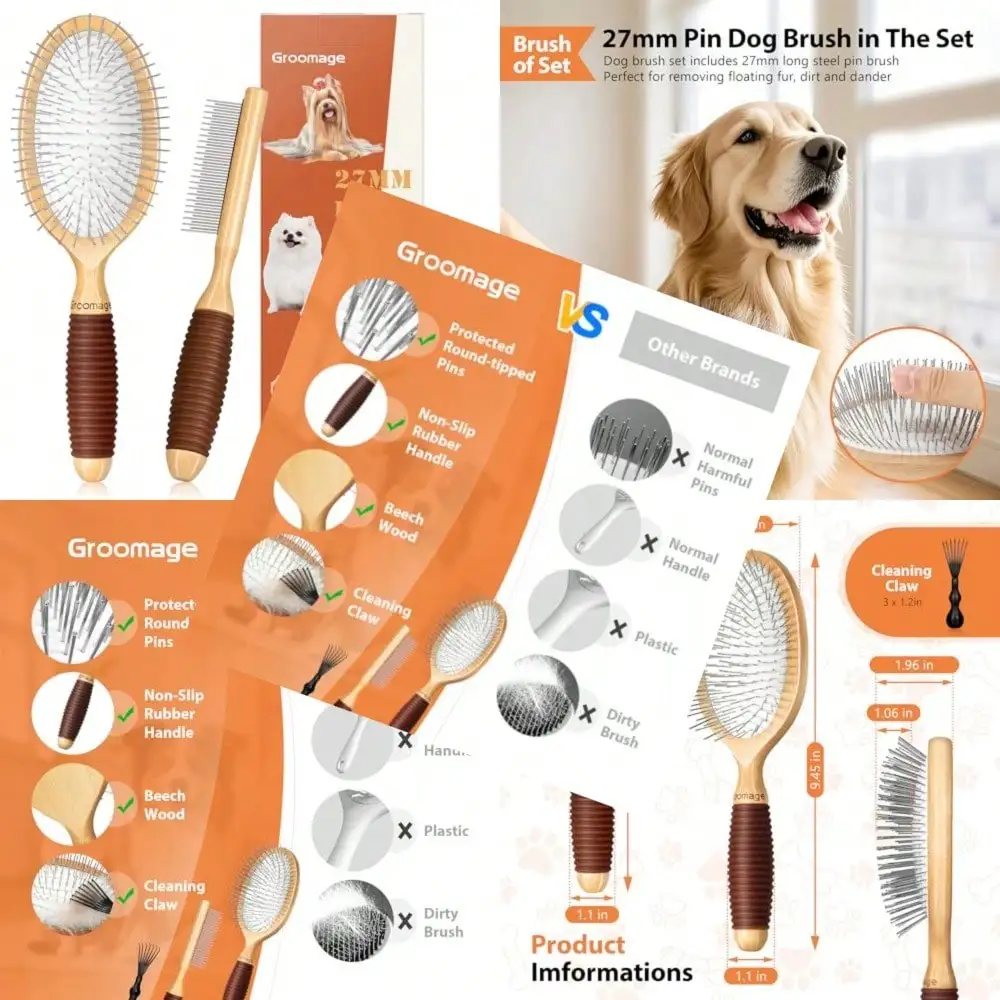 

Dog Brush Dogs 27mm Extra Metal Dog Deshedding Brush And Comb Set Short Haired Shedding Grooming Detail Pets Brush Set With Rubber Handle