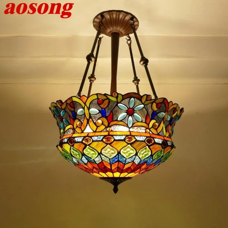 AOSONG Tiffany European Chandelier Vintage Creative Color Glass Pendant Lamp  Home Living Room restaurant Bedroom Hotel Corridor