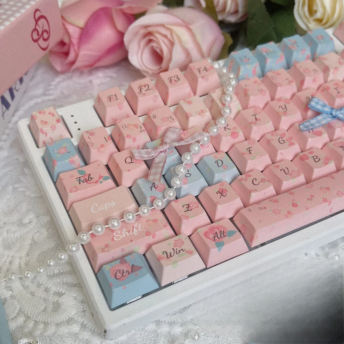 Rose Sea Keycaps Pink Cute Flowers French Style Romantic Rose Blue Contrast Keycap Set 138keys Alice keycaps