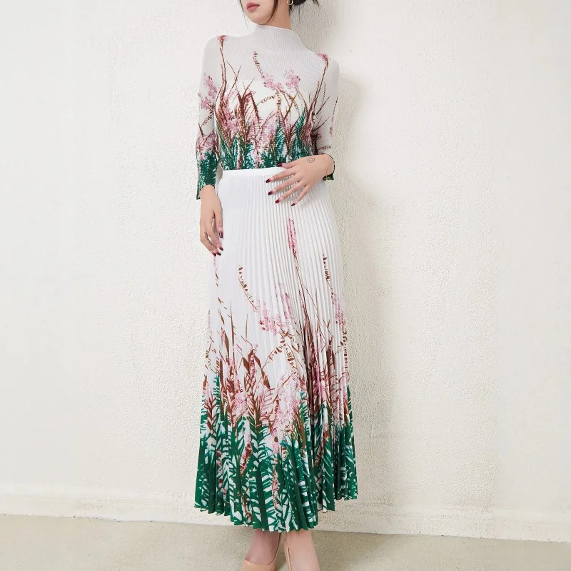 

Miyake Pleated Spring New 2026 Printed Skirt Set Original Two-Piece Long Sleeve Slim Dress Retro High-End Casual Pleated Pleat