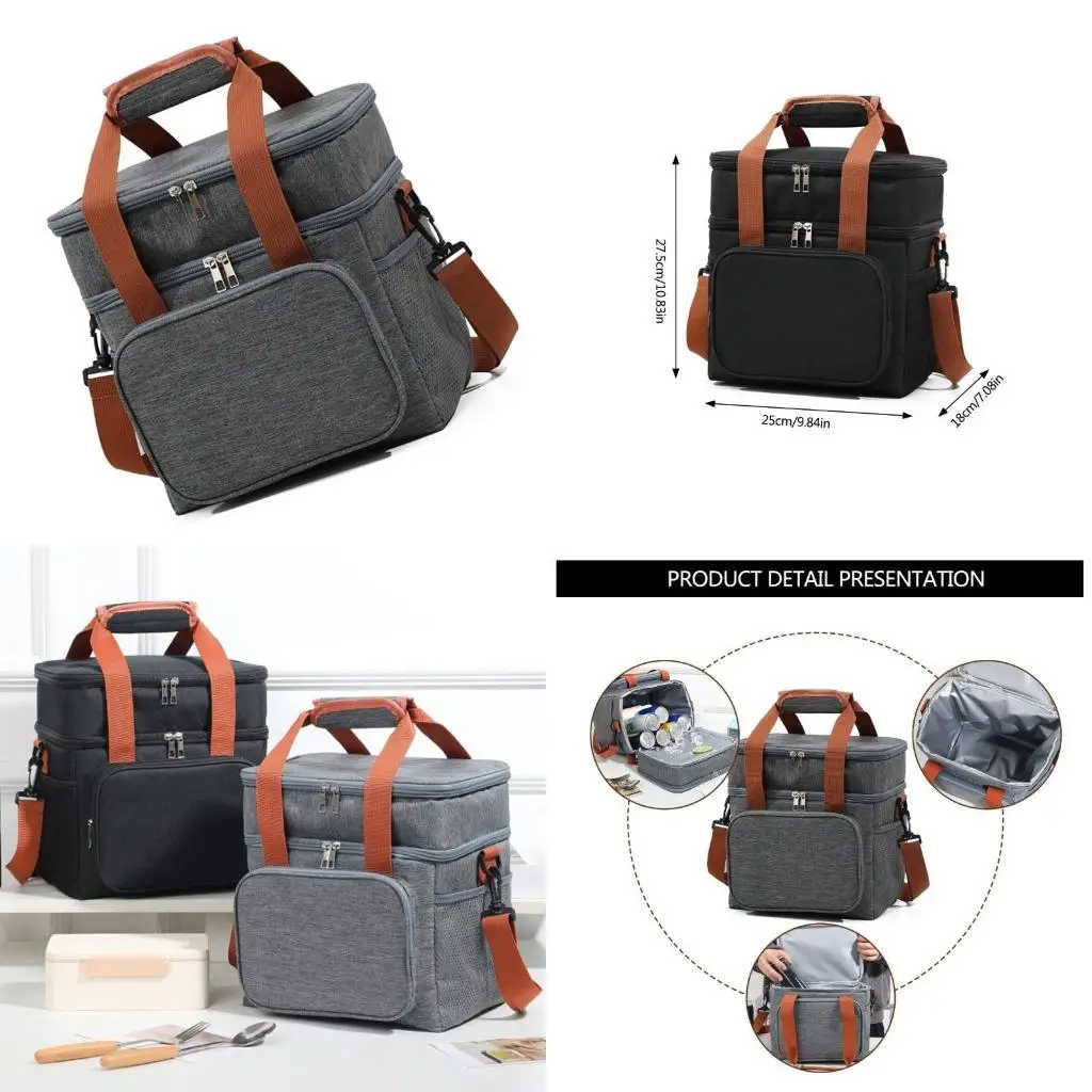 

D46D Large Capacity Lunch Box Coolers Bag with Removable Shoulder Strap Thermal Bag Insulated Bag Double Layer Lunch Bag