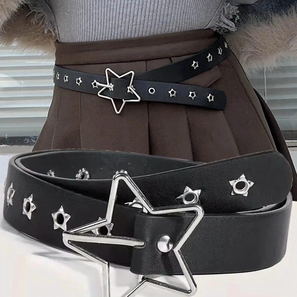 

Pentagonal Star Rivet Women's Belt Double Row Needle Buckle Fashion Men's Belt Leather Belt Hip Hop Punk Rock Style Jeans Belt