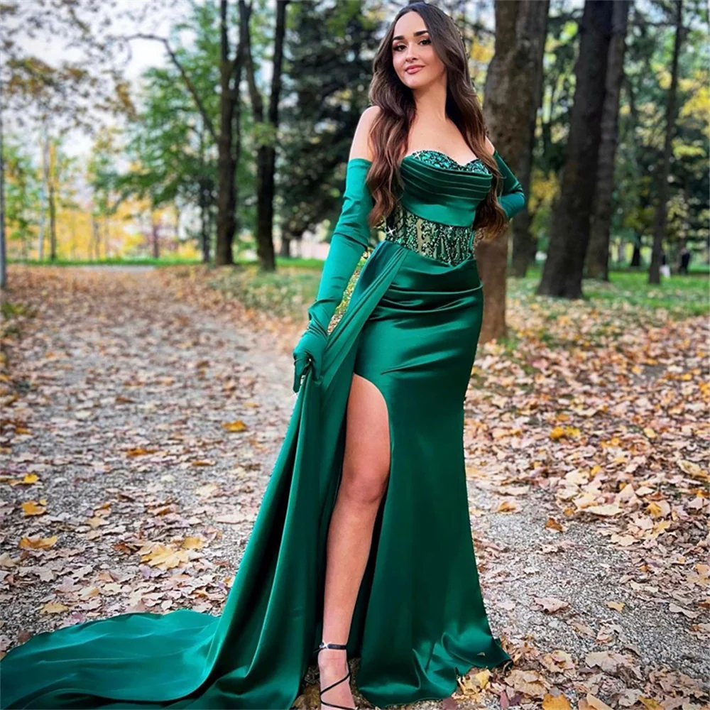 Amanda Elegant Sequins Vestidos De Noche Silk Green Mermaid فساتين مناسبة رسمية Sexy Side Split Fishtail Prom Dress 2023