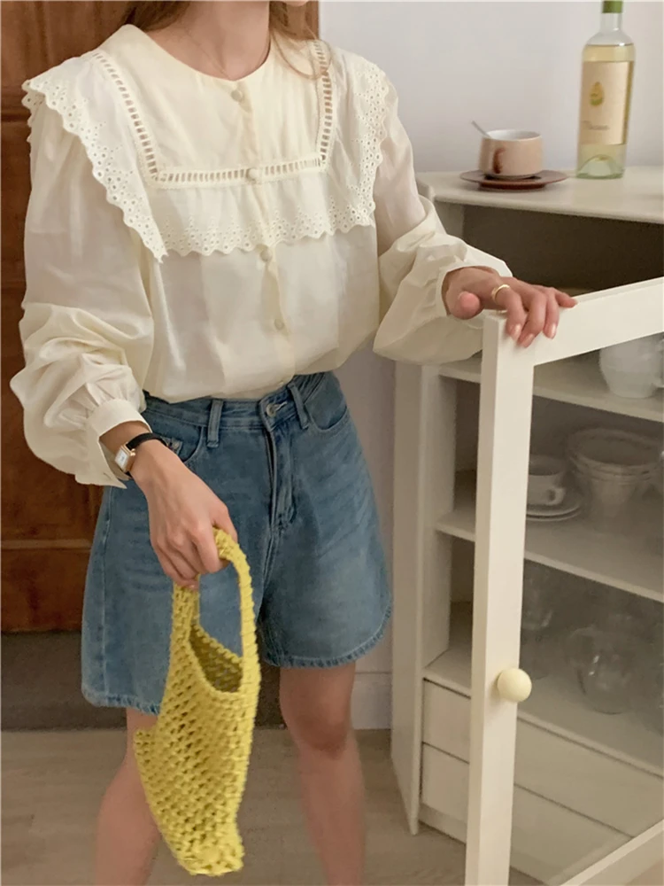 Colorfaith BL9918 New 2024 Lace Patchwork Shirts Vintage Korean Fashion Elegant Women Spring Summer Office Blouses Chic Tops