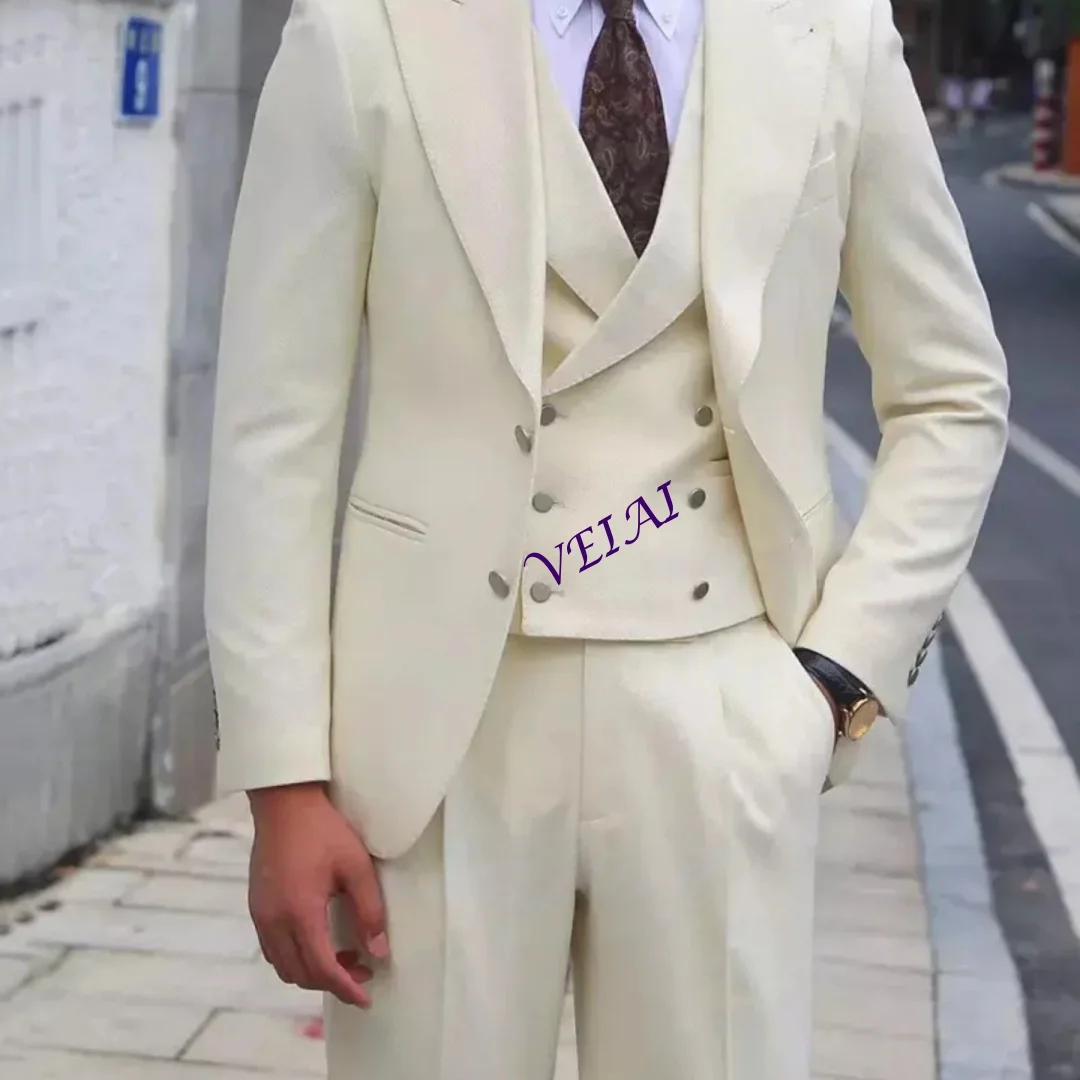 White 3 Piece Men's Wedding Suits Classic Peak Lapel Fashion Jacket Vest Pants Set Prom Formal Business Tuxedo Customizable