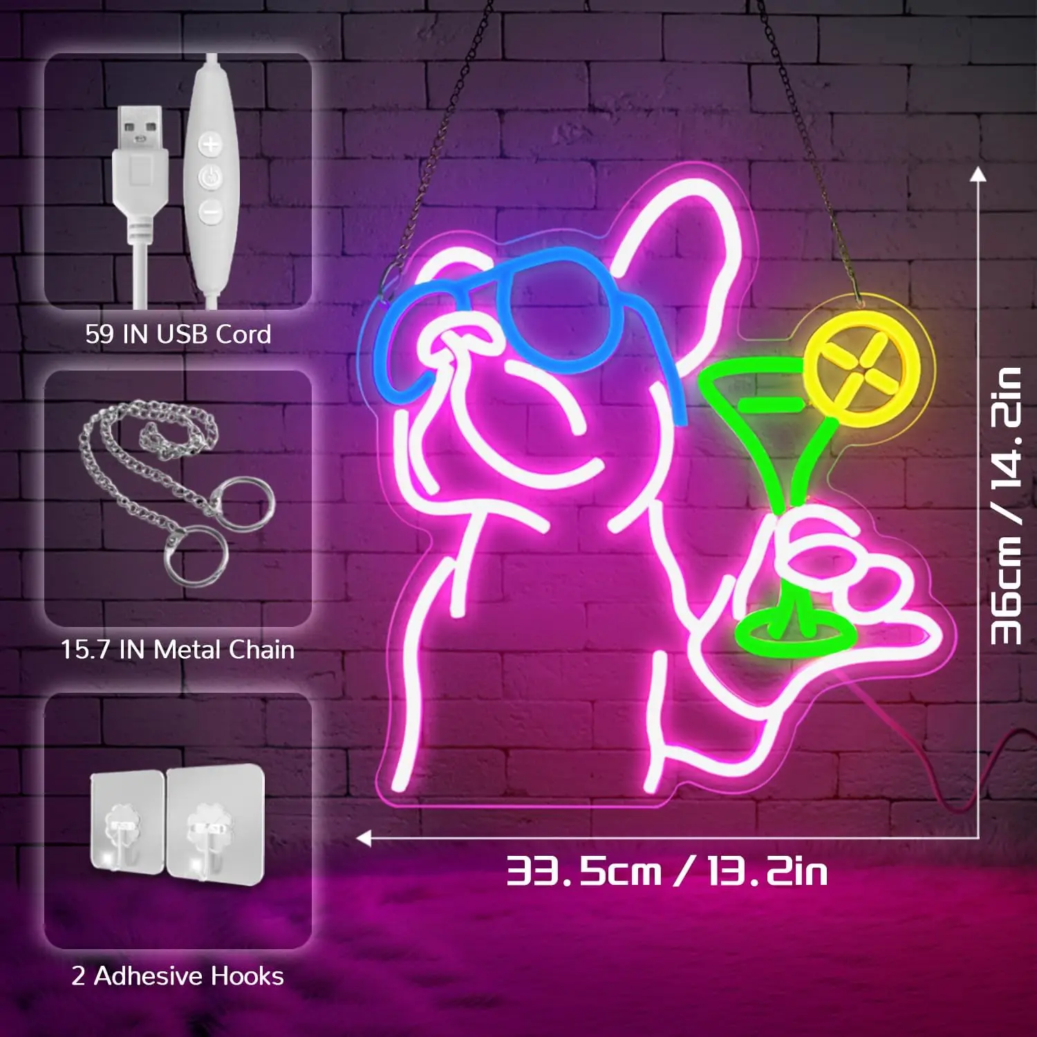 French Bulldog Drinking Cocktail Neon Sign USB Dimmable Neon Light for Bedroom Home Pub Club Man Cave Bar Party Decoration view 3
