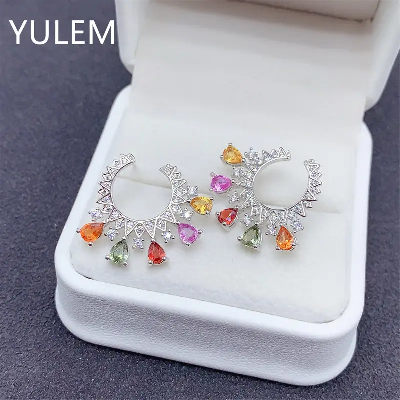 YULEM Sterling Silver Inlay 3x4mm Natural sapphire Earrings for Women Fine Fashion Charm Weddings Jewelry Certificate