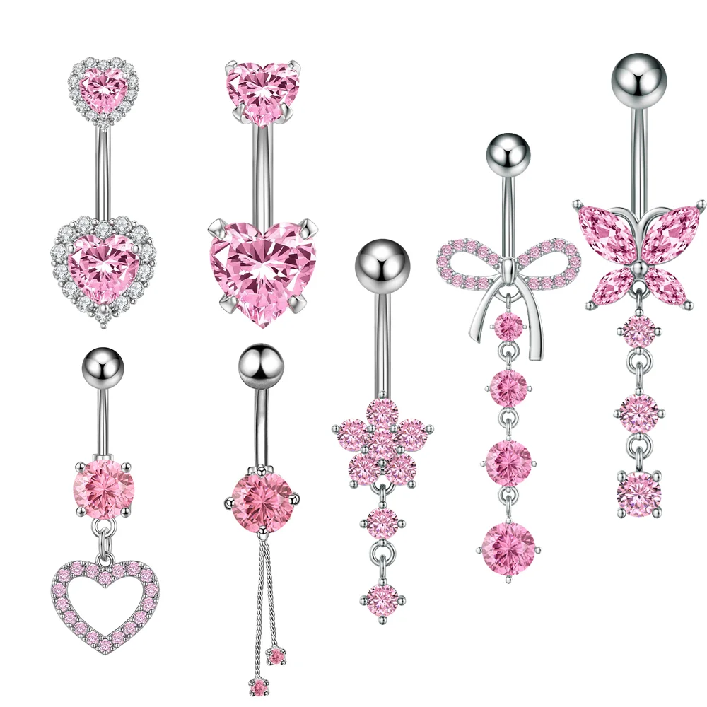 7pcs/lot Crystal Belly Button Rings Dangle Surgical Steel Bars 14G Piercing Ombligo Cute Heart Navel Rings Body Jewelry Women