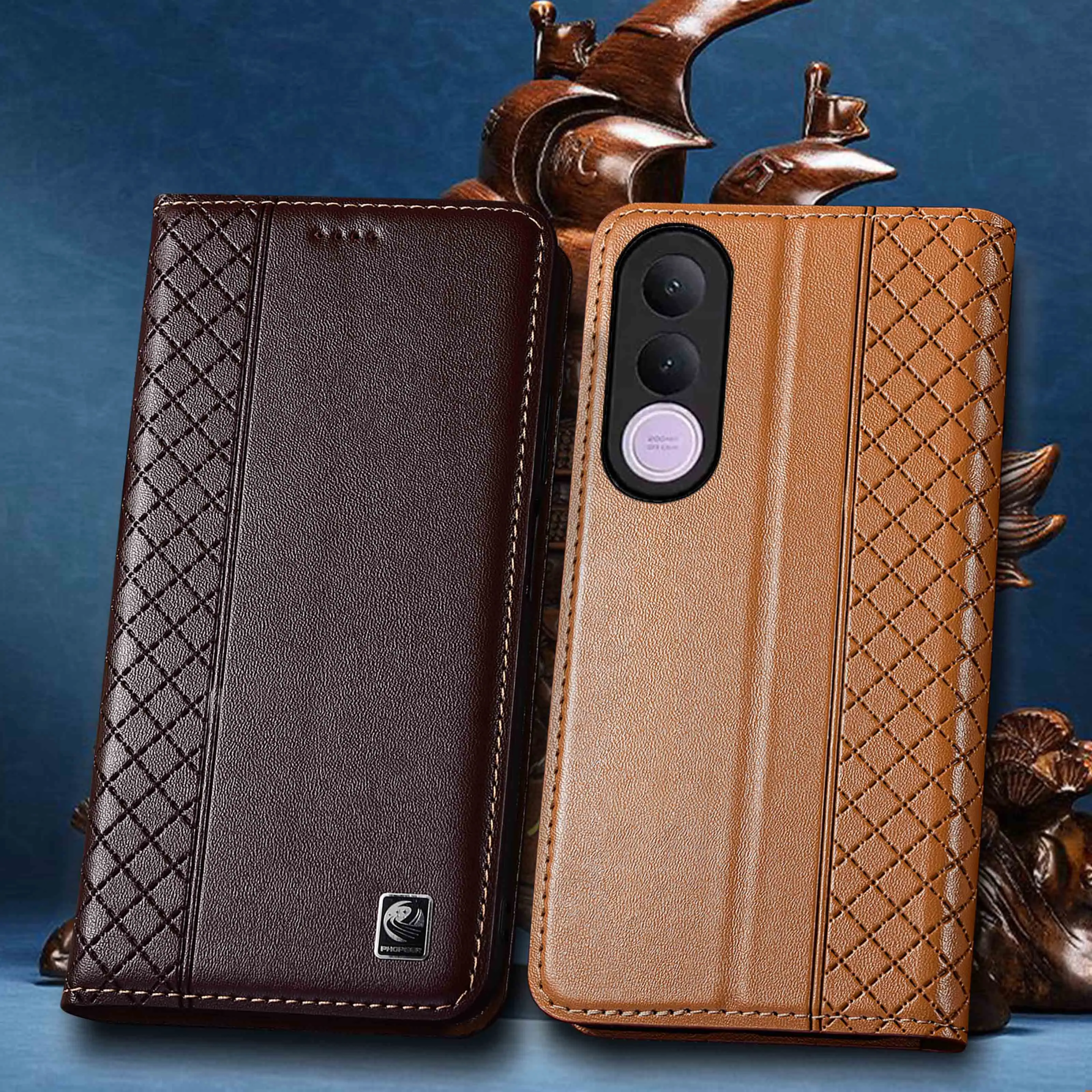 

Genuine Leather Wallet Phone Case For Vivo V70 V60 V60E V50 V50E V40 V40E Lite Pro FE 4G 5G Napa Inner Mesh Pattern Flip Case
