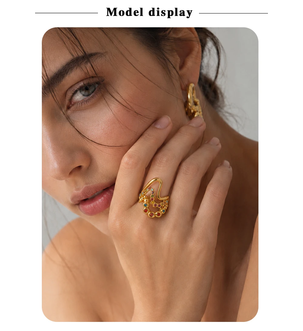 MamacitaSlay 316L Stainless Steel Multicolored CZ Stackable Ring 18K Gold Plated Vintage Waterproof Jewelry For Women Daily Wear