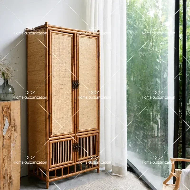 Modern Simple Rattan Wardrobe Japanese Style Natural Wicker Storage Cabinet Retro Bedroom Closet Organizer for Home Homestay