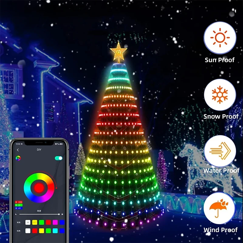 Smart RGB LED Christmas Tree Lights Fairy LED Star Strings Waterfall APP Bluetooth Yard Holiday Music Rhythm Lights RGB LED Xmas