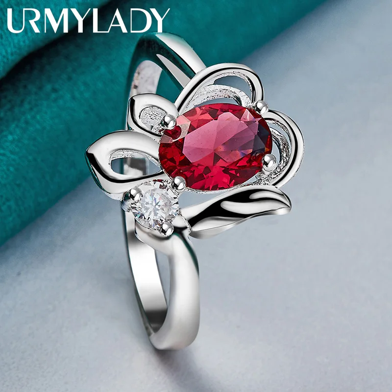 Women's 925 Sterling Silver Flower Ruby Engagement Ring