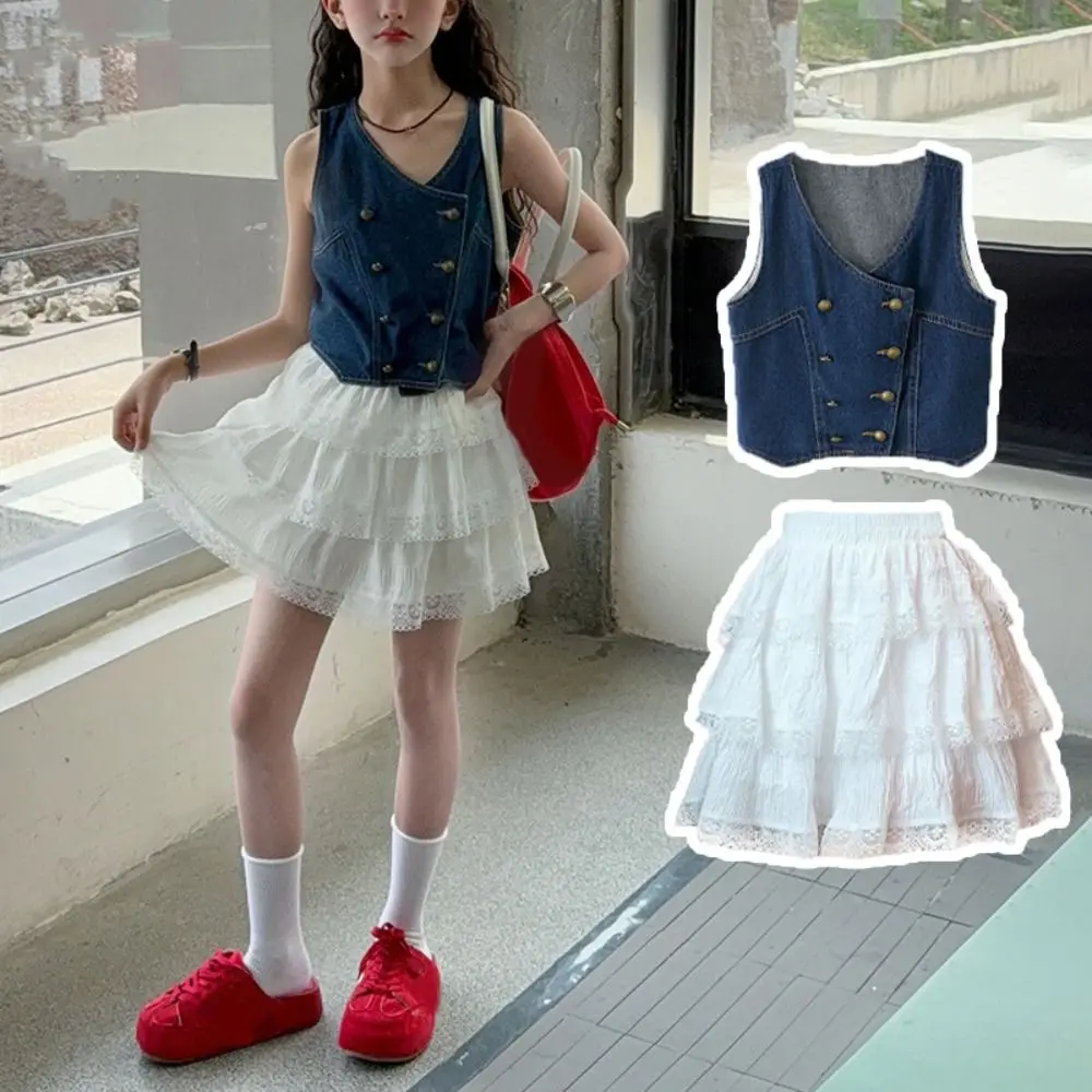 

Модный комплект для девочек: ковбойская жилетка и юбка-пачка, кружевной свободный жилет, комплект из двух предметов для детей и подростков, весна-лето