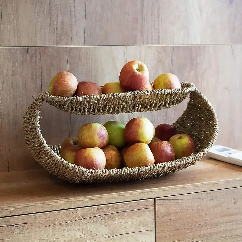 Handmade Water Hyacinth Double Layer Fruit Basket Natural Woven Storage Rack for Living Room Bathroom Kitchen Organizer Shelf
