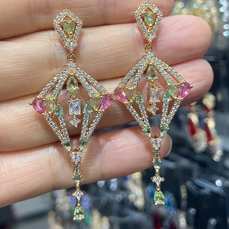 

Shiny Zircon Earrings Women Luxury Jewelry Dinner Party Rhombus Pendant Earrings Female Gift Anniversary