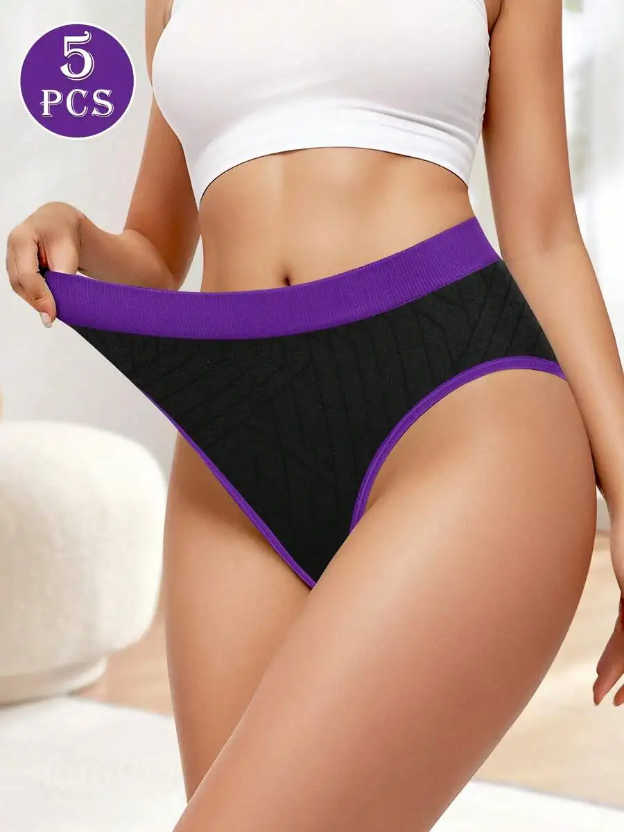 

5 Pcs Women Low Waist Triangle Panties Color Block Soft Comfortable