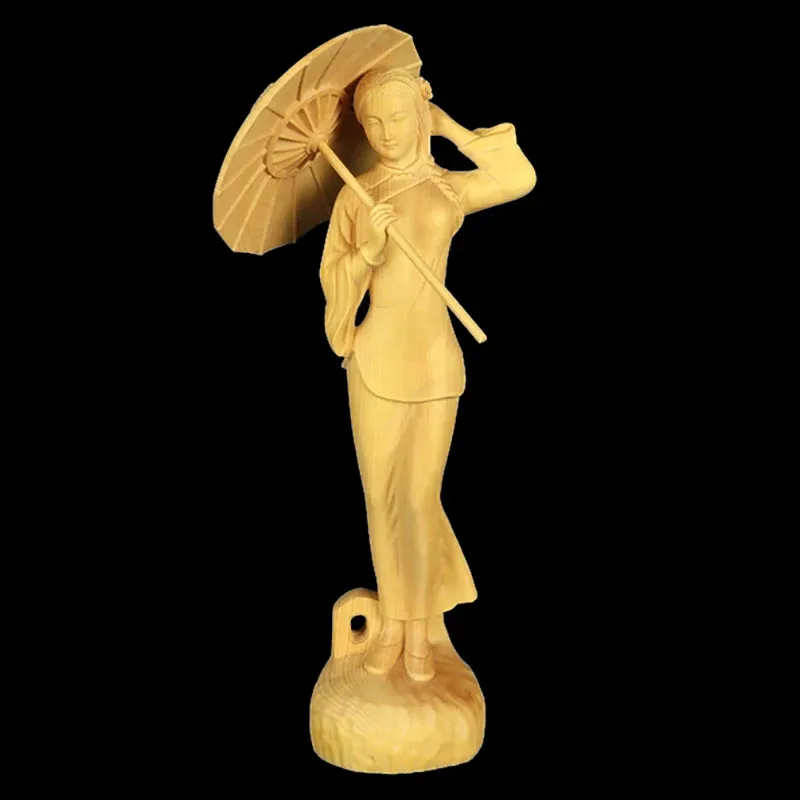 ST101  - 21*5*5.5 cm Boxwood Carved Figurine : Beautiful Girl Woman with Umbrella