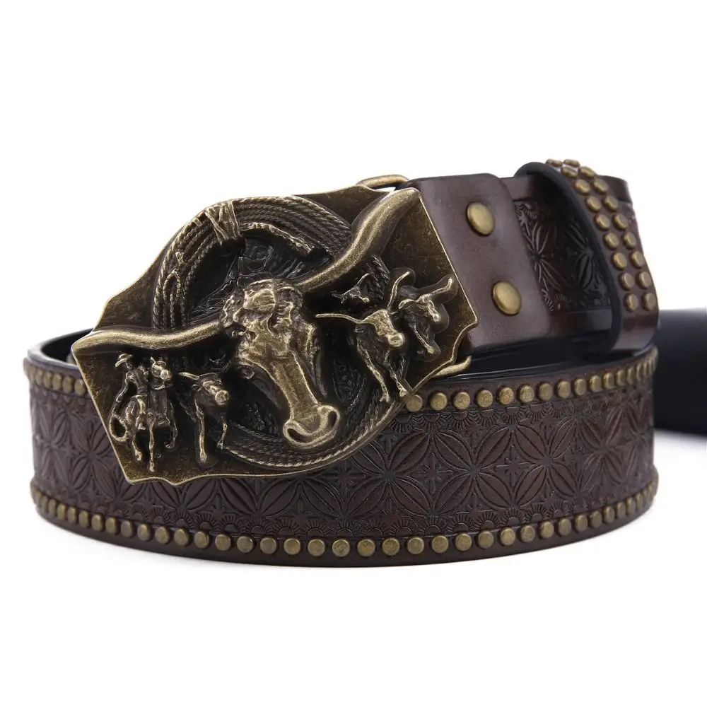 Vintage Western Cowboy PU Leather Belt Man Vintage Ox Head Buckle Embossed Belt Luxury Design Business Casual Belt
