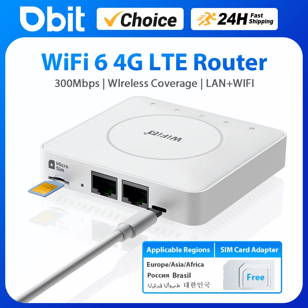 DBIT 4G BOX 300Mbps WiFi6 LTE Router For Sim Card Portable Modem Support 2 LAN Ports  32 Devices  EU/Asia/Africa Bands