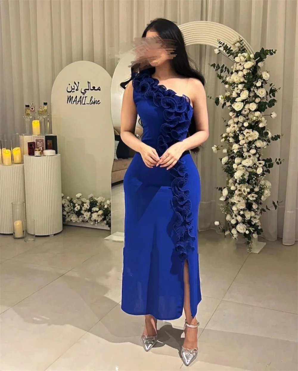 Sexy mid-length satin appliqué dress A-line cardigan shoulder high waist split pleated evening dress formal evening party prom