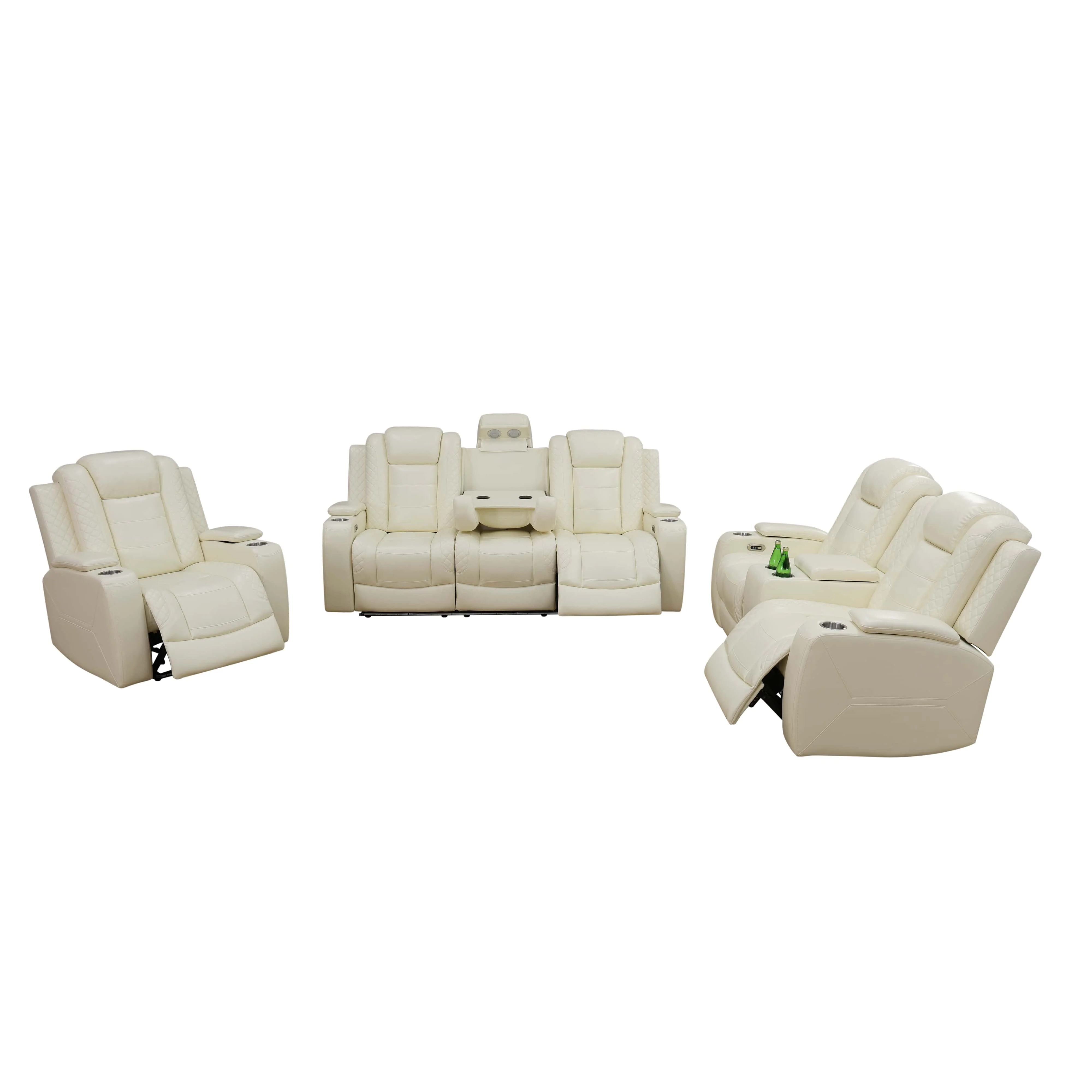 TICOWTEK White Breathing Leather 3-Piece Living Room Recliner Sofa Set with Adjustable Headrests, Ambient LED Lighting, GN4649