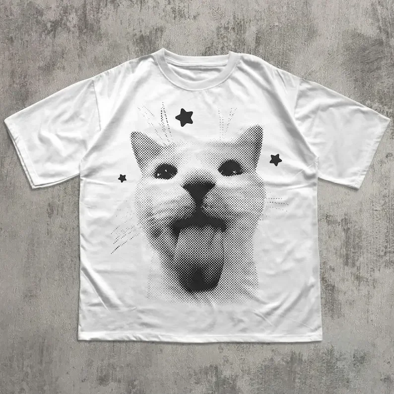 面白いY2K風の面白い猫プリントコットンTシャツ、90年代レトロ子猫ヴィンテージグラフィックTシャツ、猫好きへのギフト、ミームTシャツ、男女兼用トップス