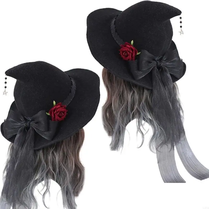 

L5YA Halloween Party Witch Cap Cosplay Wizard Hat Punk Bowknot Rose Hat Party Costume Headwear Lady Festival Headdress