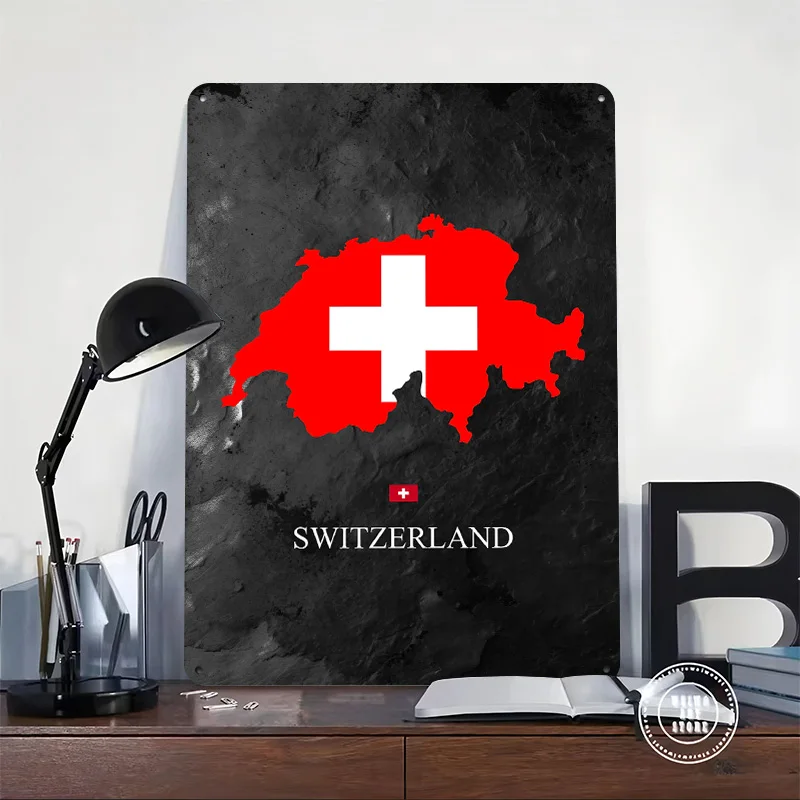 Switzerland Map With Flag on Dark Background 3D Printed Texture Poster Personalized Wall Art Retro Metal Tin Signs for Wand Deko