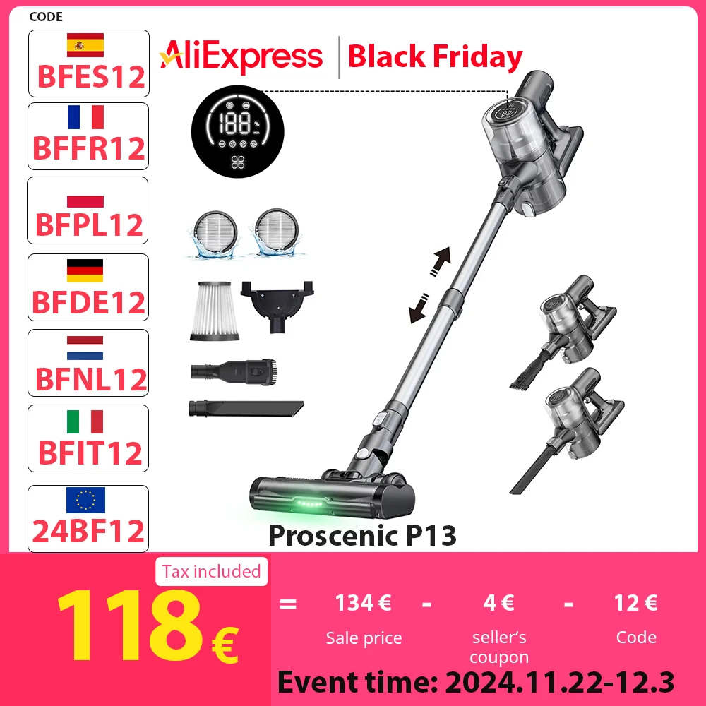 Proscenic P13 Cordless Vacuum Cleaner, 35Kpa Suction, Stick Vacuum with Green Light, LED Display, Anti-tangle Roller Brush