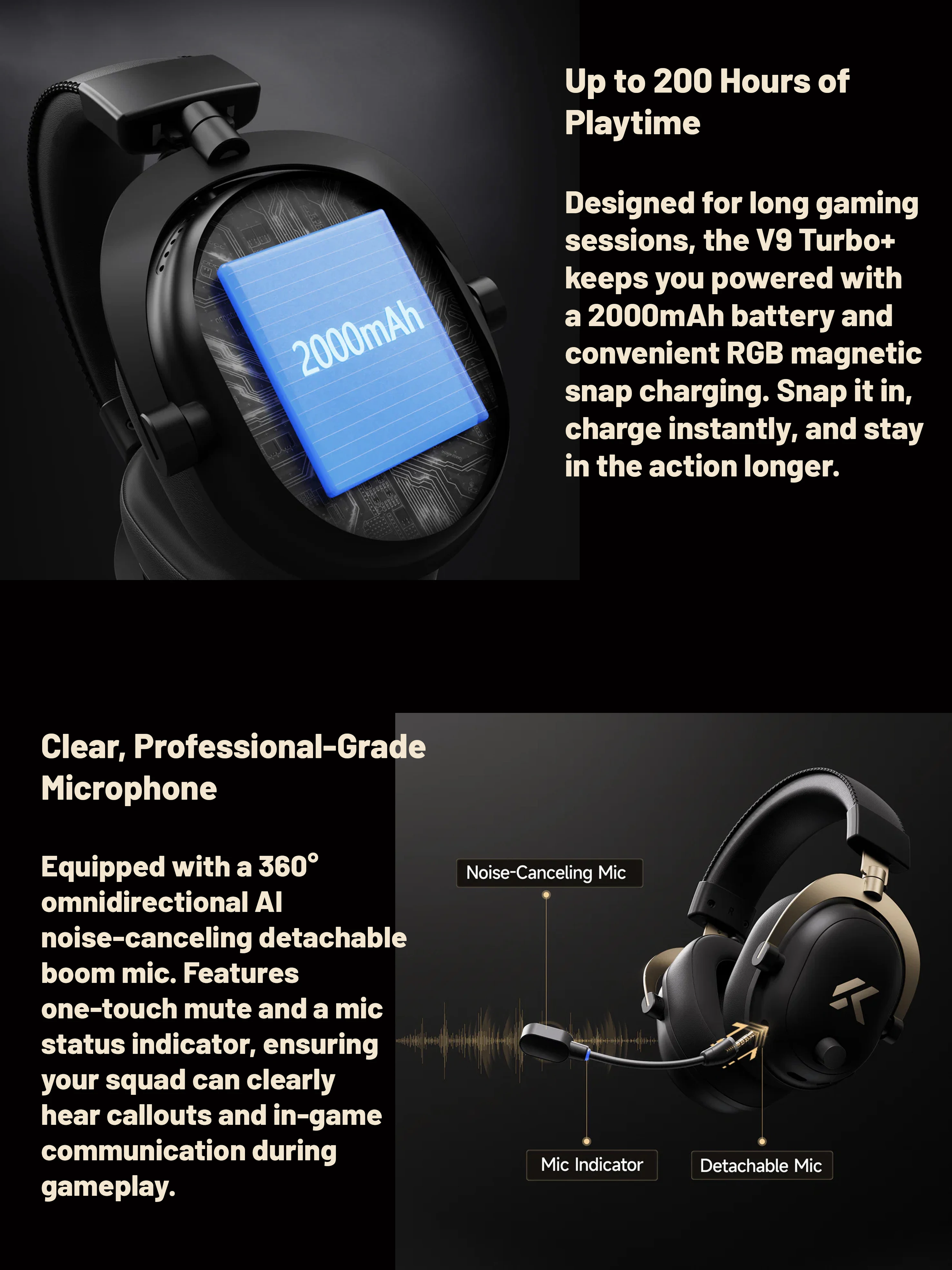 MCHOSE V9 Turbo+ Magnetisches Kabelloses Gaming-Headset 7.1 Surround Sound 90 ° Schwenkbare Ohrmuscheln 60mm Geringe Latenz RGB Magnetisches Aufladen – Detail 6