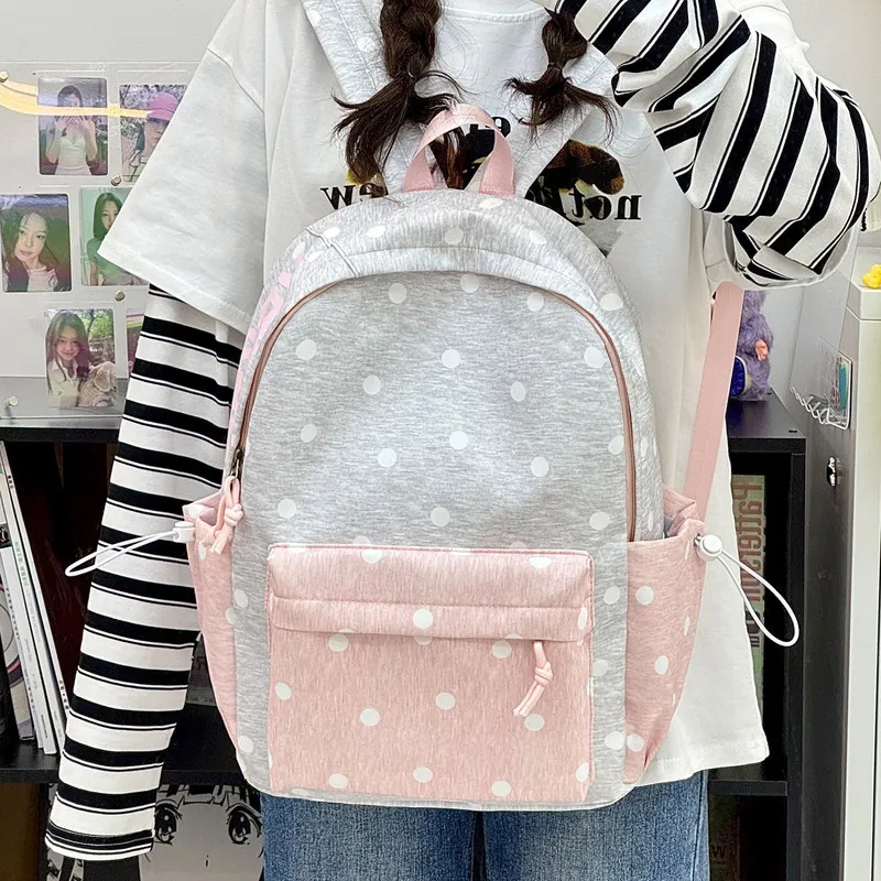 College-style polka dot color-blocked backpack for female students, large capacity, lightweight, stylish school bag, casual back
