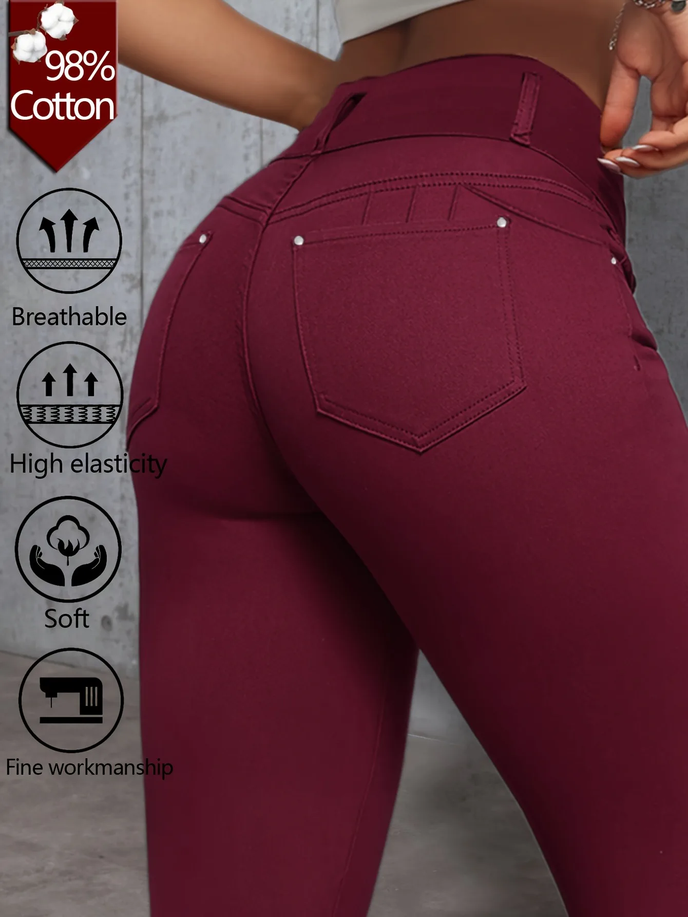 Denim Pants for Women High Waisted Button Closure Multiple Pockets Solid Color Tight Jeans Cropped Length Slim Fit High Stretch Elastic Fabric Soft Texture Comfortable Fabric Casual Denim Wear Street Style Everyday Casual Office Spring Summer Outfits