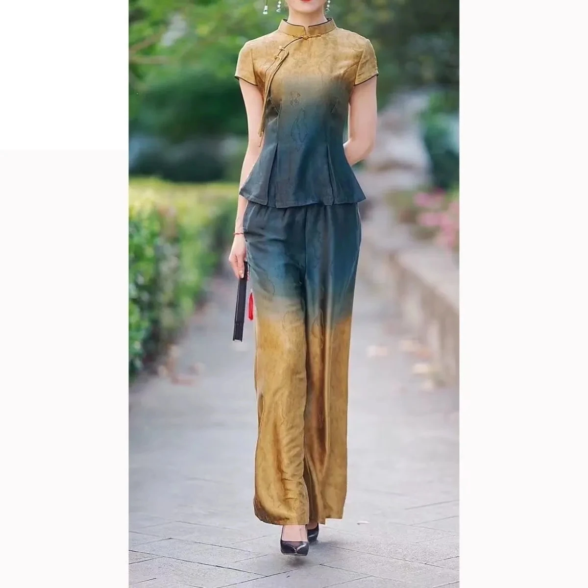 Slimming Mom Set 2026 Summer New Style Vintage Button up Short Sleeve Print Wide Leg Pants Two Piece Set Women Fashionable