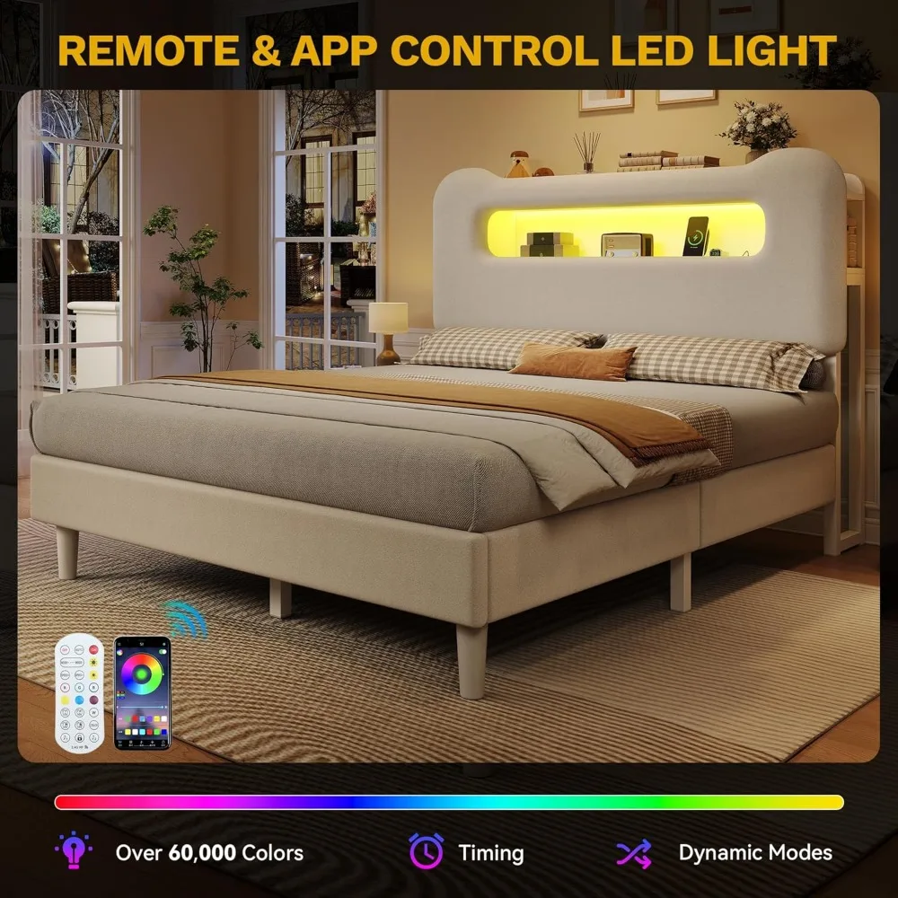 إطار سرير كامل الحجم، سرير منجد بوكل مع لوح رأسي للتخزين، سرير LED مع USB ومنفذ، لا حاجة إلى صندوق زنبركي، كريمي #5