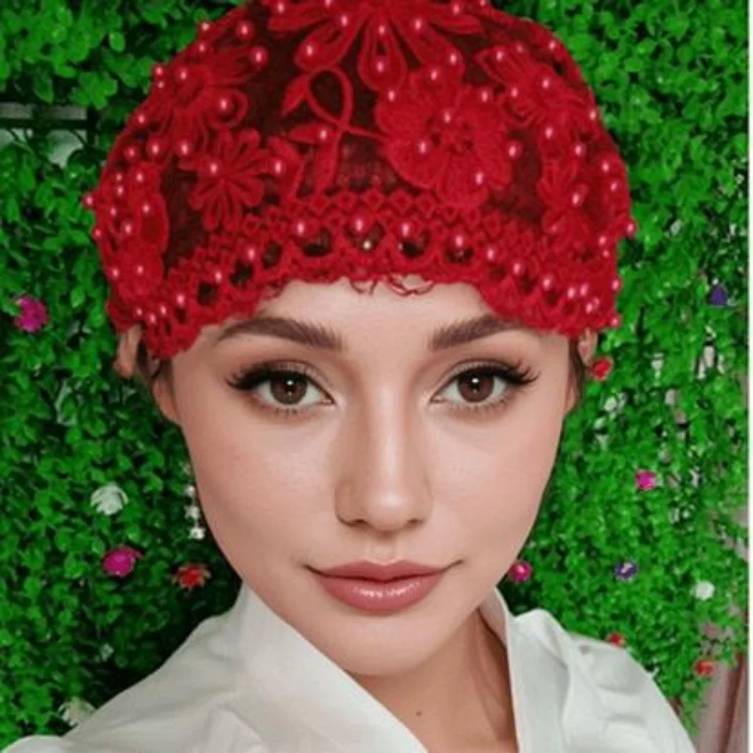 

Women Lace Turban Hat Muslim Stretch Beaded Cap Beanie Stretch Lace Mesh Beanie Hat Islamic Prayer Turban Hats