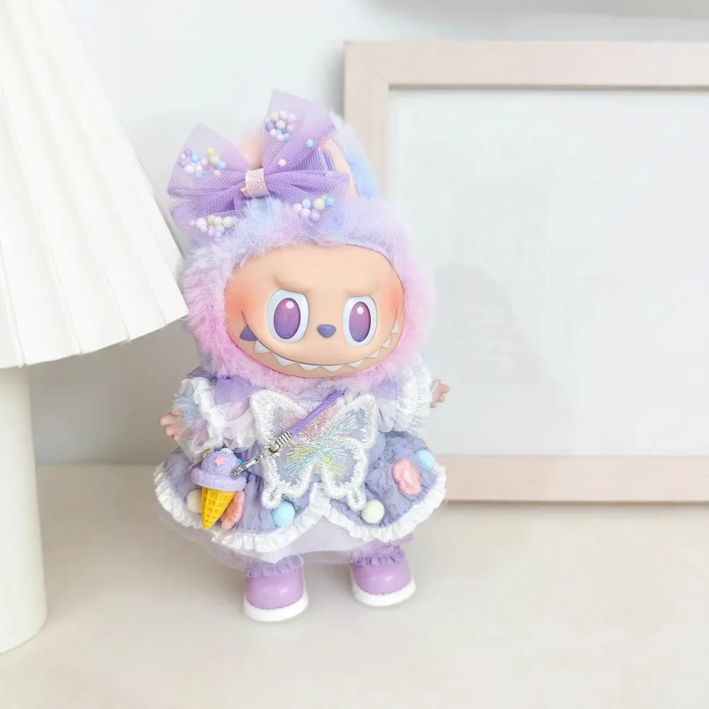 

Для 15/17 см Labubu виниловая плюшевая кукла одежда Labubu кулон Lucky фиолетовое платье с бантом Labubu V1/V2/V3 аксессуары для одежды