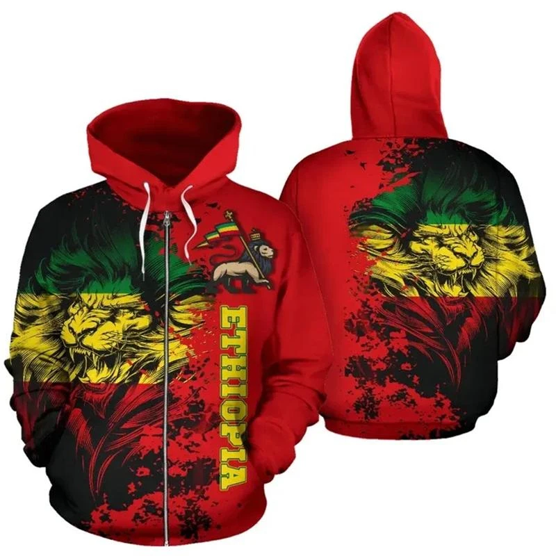 Casual Ethiopia Flag Pattern Zip Up Hoodie Fashion Trend National Emblem 3D Printed Zipper Hoodies Loose Streetwear Pullovers