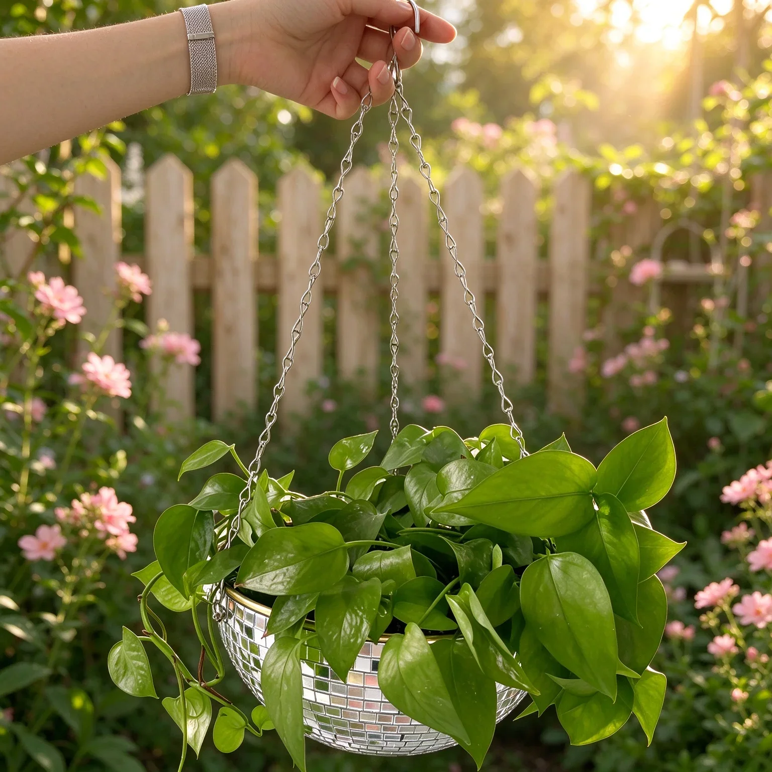 Mirror Ball Planter with Chain, Hanging Disco Flower Pot for Succulents, Indoor Boho Wall Decor, Unique Cute Gift for Her Women