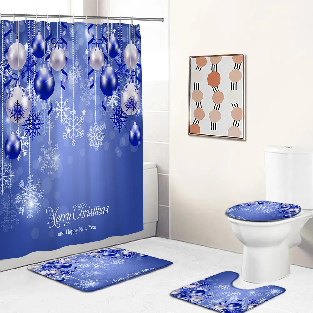 Christmas Shower Curtains Set Blue Rope Ball Snowflake Xmas New Year Home Bathroom Decor Bath Mats Non-Slip Rug Toilet Lid Cover