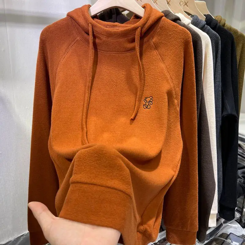 Stylish Hooded Drawstring Sweatshirts Female Clothing Cartoon Embroidery Autumn Winter Long Sleeve Casual Solid Color Pullovers