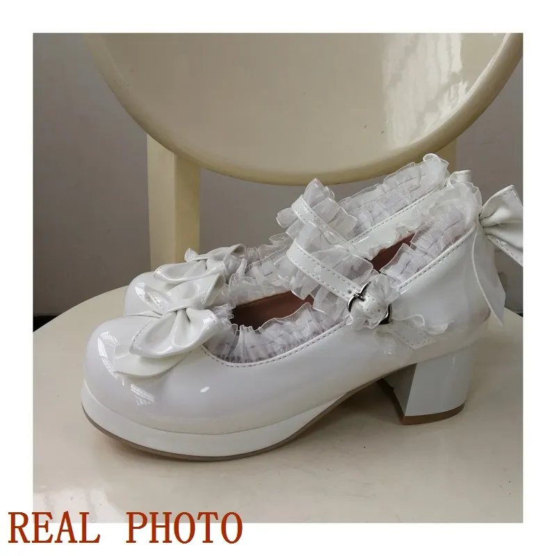 ORCHALISA Lolita Pumps Women Round Toe Block Heel 5cm Platform 1.5cm Buckle Strap Bowknot Lace Sweet Girls Shoes Big Size 48 image 5
