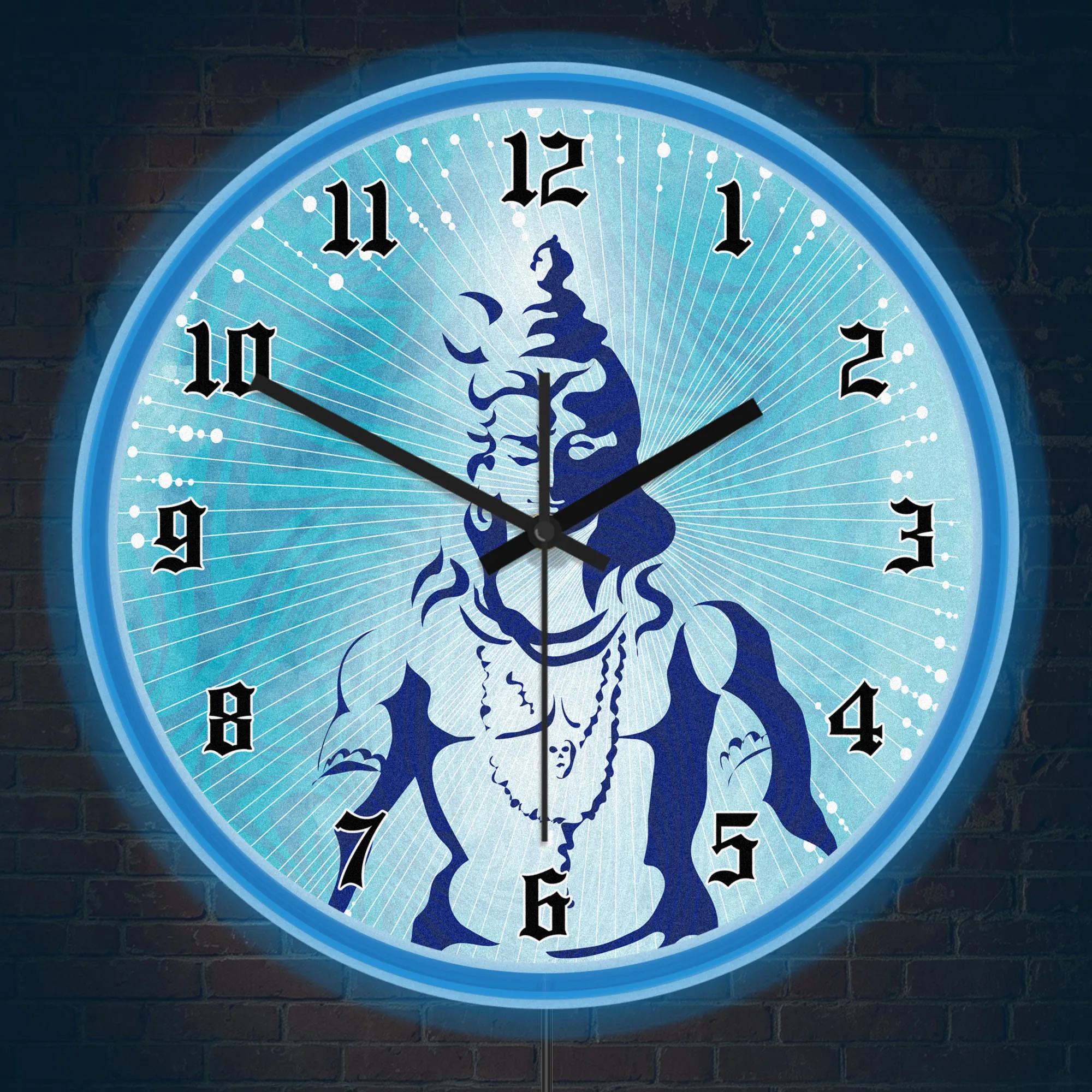 Lord Shiva Silent Non Ticking Wall Clock with Glowing Neon Border Spiritual Boho Home Decor Hindu Deity LED Light Up Wall Clcok