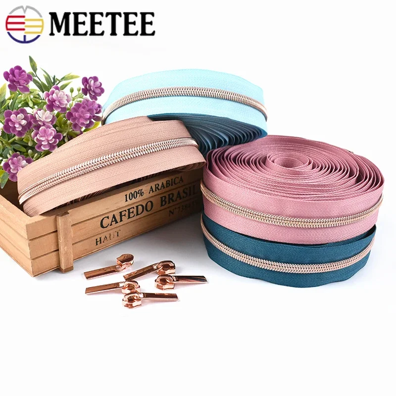 Meetee 2/3/4/5M 5# RoseGold Zipper Tape+Zippers Slider Puller Bag Pocket Sewing Closure Zip Coil Clothing Zips Head Accessories