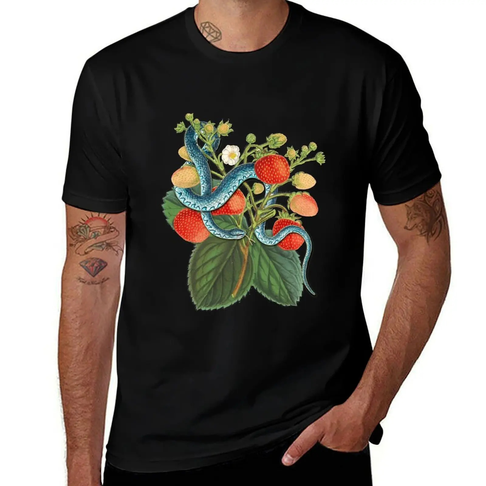 Vintage Blue Tree Snake and Strawberry Plant T-Shirt Cool Feeling Summer Tee Shirt