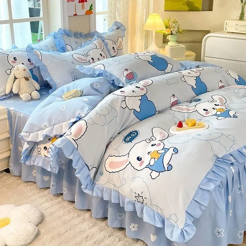 

Cinnamoroll Anime Kawaii Sanrio Thickened Three Four-piece Quilt Cover Set Cute kuromi Princess Bed Sheet Gifts for Girls