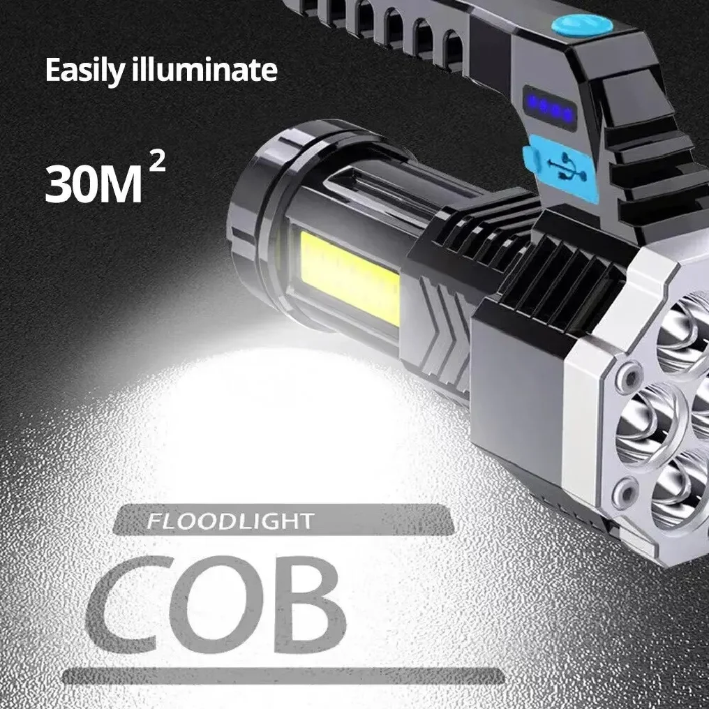 2025 high-power rechargeable LED flashlight, 7LED camping equipment flashlight with Cob side light, lightweight outdoor lighting