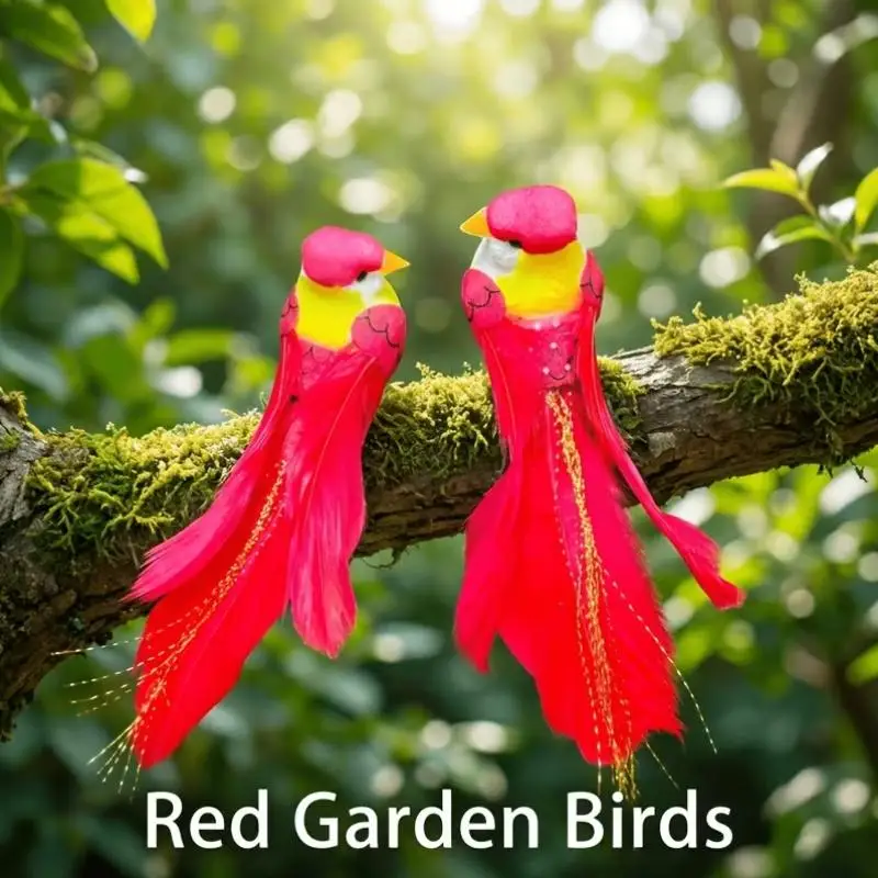 Lifelike Red Simulation Feather Birds Handicraft Figurines with Clips for Holiday Garden Lawn Party Decoration